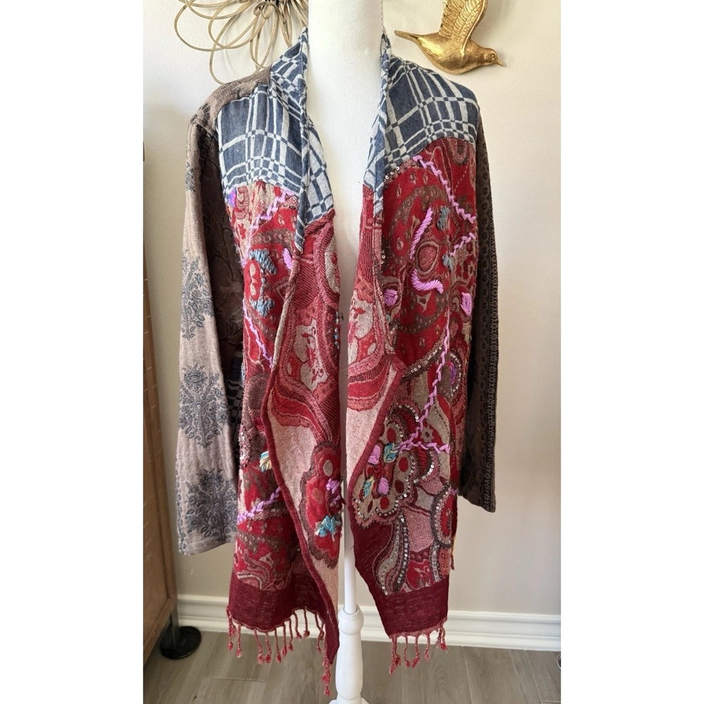 Soft Surroundings Wool Patchwork Embroidered Open Cardigan Jacket L Boho‎ Fringe